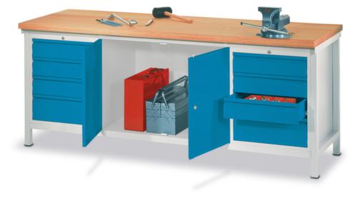 PAVOY Werkbank met frame in lichtgrijs en beuken multiplexplaat, 8 laden, 1 kast, RAL7035 lichtgrijs/RAL7035 lichtgrijs