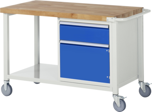 RAU Verrijdbare werkbank Serie 8000, 1 lade, 1 kast, 1 legbord, 1 duwbeugel, RAL7035 lichtgrijs/RAL5010 gentiaanblauw
