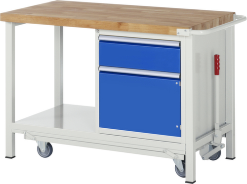 RAU Werkbank Serie 8000 met neerlaatbaar wielonderstel, 1 lade, 1 kast, 1 legbord, 1 duwbeugel, RAL7035 lichtgrijs/RAL5010 gentiaanblauw