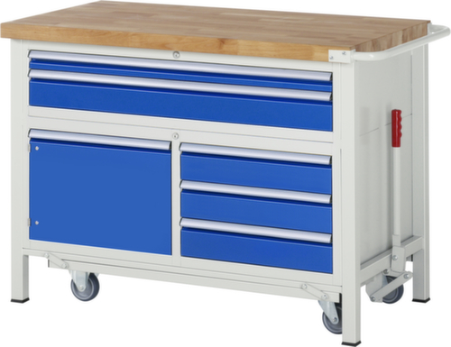 RAU Werkbank Serie 8000 met neerlaatbaar wielonderstel, 5 laden, 1 kast, 1 duwbeugel, RAL7035 lichtgrijs/RAL5010 gentiaanblauw