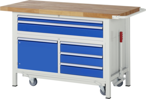 RAU Werkbank Serie 8000 met neerlaatbaar wielonderstel, 5 laden, 1 kast, 1 duwbeugel, RAL7035 lichtgrijs/RAL5010 gentiaanblauw