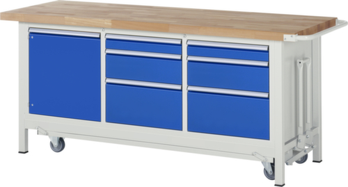 RAU Werkbank Serie 8000 met neerlaatbaar wielonderstel, 6 laden, 1 kast, 1 duwbeugel, RAL7035 lichtgrijs/RAL5010 gentiaanblauw