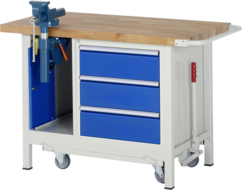 RAU Werkbank Serie 8000, 3 laden, 1 kast, 1 bankschroef, RAL7035 lichtgrijs/RAL5010 gentiaanblauw