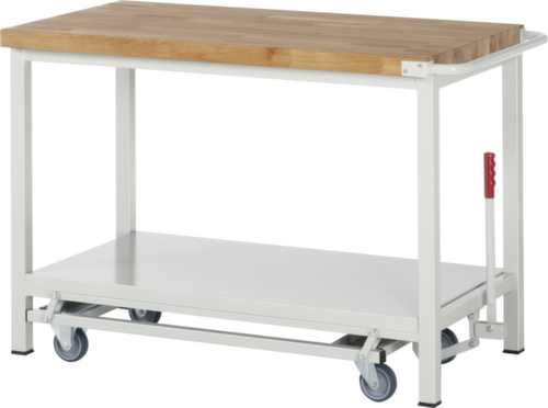 RAU Werkbank Serie 8000 met neerlaatbaar wielonderstel, 1 legbord, 1 duwbeugel