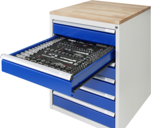 RAU Groepswerkbank Serie 4000, per blok 2 laden, 1 kast, RAL7035 lichtgrijs/RAL5010 gentiaanblauw