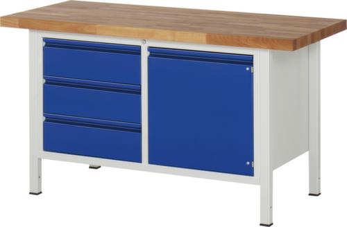 RAU In hoogte verstelbare werkbank Serie 8000 met beukenhouten blad, 3 laden, 1 kast, 1 legbord, RAL7035 lichtgrijs/RAL5010 gentiaanblauw