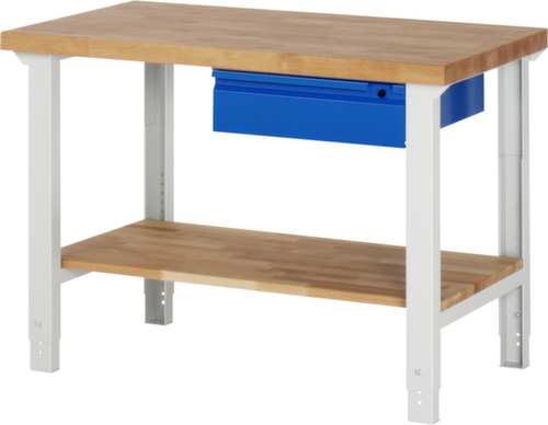 RAU Traploos in hoogte verstelbare werkbank Basic, 1 lade, 1 legbord, RAL7035 lichtgrijs/RAL5010 gentiaanblauw