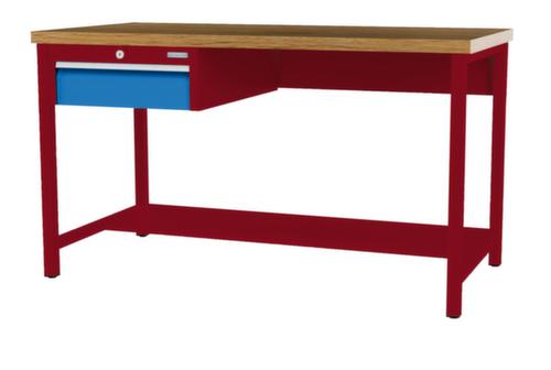 Bedrunka + Hirth Werkbank met blad van massief beuken en frame in vele kleuren, 1 lade, 1/2 legbord