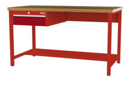 Bedrunka + Hirth Werkbank met blad van massief beuken en frame in vele kleuren, 1 lade, 1/2 legbord