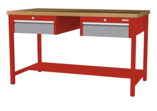 Bedrunka + Hirth Werkbank met blad van massief beuken en frame in vele kleuren, 2 laden, 1/2 legbord