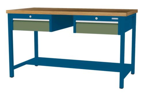 Bedrunka + Hirth Werkbank met blad van massief beuken en frame in vele kleuren, 2 laden, 1/2 legbord