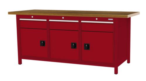 Bedrunka + Hirth Werkbank met blad van massief beuken en frame in vele kleuren, 3 laden, 3 kasten