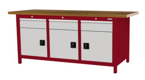 Bedrunka + Hirth Werkbank met blad van massief beuken en frame in vele kleuren, 3 laden, 3 kasten