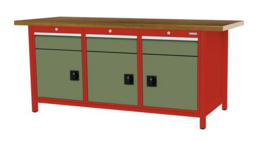 Bedrunka + Hirth Werkbank met blad van massief beuken en frame in vele kleuren, 3 laden, 3 kasten