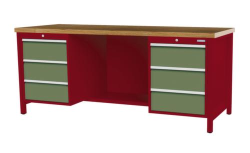 Bedrunka + Hirth Werkbank met blad van massief beuken en frame in vele kleuren, 6 laden, 1/2 legbord