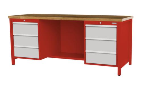 Bedrunka + Hirth Werkbank met blad van massief beuken en frame in vele kleuren, 6 laden, 1/2 legbord