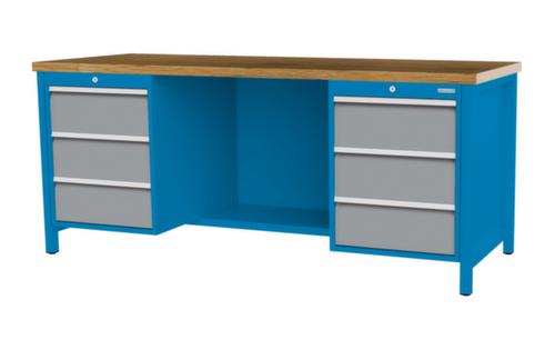 Bedrunka + Hirth Werkbank met blad van massief beuken en frame in vele kleuren, 6 laden, 1/2 legbord