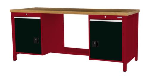 Bedrunka + Hirth Werkbank met blad van massief beuken en frame in vele kleuren, 2 laden, 2 kasten, 1/2 legbord