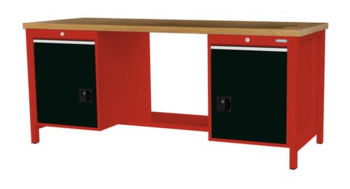 Bedrunka + Hirth Werkbank met blad van massief beuken en frame in vele kleuren, 2 laden, 2 kasten, 1/2 legbord