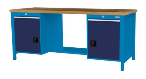 Bedrunka + Hirth Werkbank met blad van massief beuken en frame in vele kleuren, 2 laden, 2 kasten, 1/2 legbord