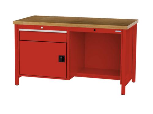 Bedrunka + Hirth Werkbank met blad van massief beuken en frame in vele kleuren, 1 lade, 1 kast, 1/2 legbord