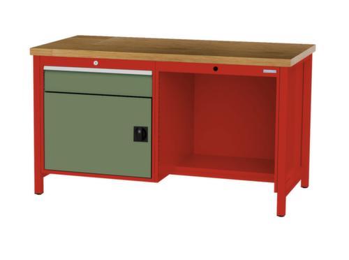Bedrunka + Hirth Werkbank met blad van massief beuken en frame in vele kleuren, 1 lade, 1 kast, 1/2 legbord