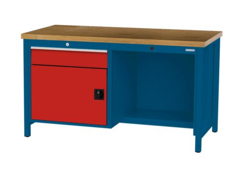 Bedrunka + Hirth Werkbank met blad van massief beuken en frame in vele kleuren, 1 lade, 1 kast, 1/2 legbord