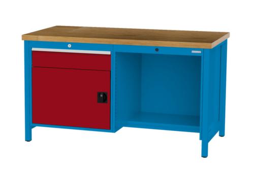 Bedrunka + Hirth Werkbank met blad van massief beuken en frame in vele kleuren, 1 lade, 1 kast, 1/2 legbord