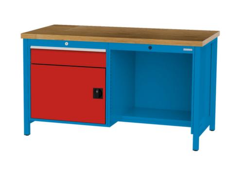 Bedrunka + Hirth Werkbank met blad van massief beuken en frame in vele kleuren, 1 lade, 1 kast, 1/2 legbord