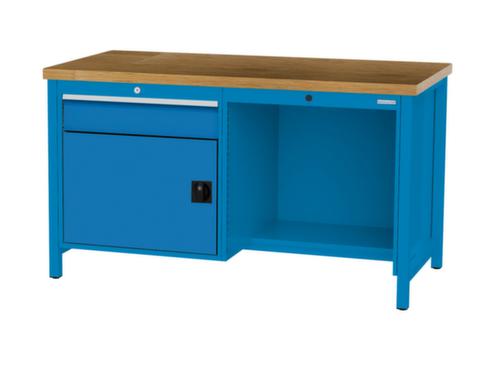 Bedrunka + Hirth Werkbank met blad van massief beuken en frame in vele kleuren, 1 lade, 1 kast, 1/2 legbord