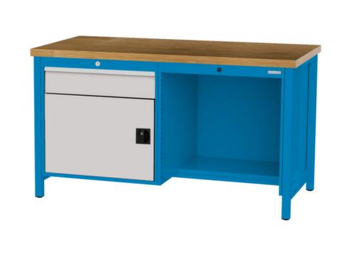 Bedrunka + Hirth Werkbank met blad van massief beuken en frame in vele kleuren, 1 lade, 1 kast, 1/2 legbord