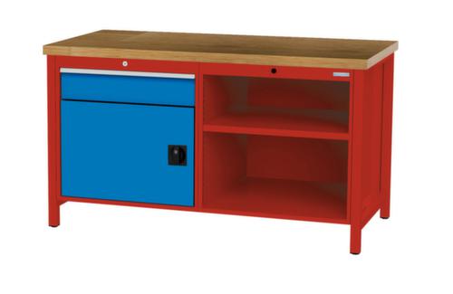 Bedrunka + Hirth Werkbank met blad van massief beuken en frame in vele kleuren, 1 lade, 1 kast, 2 legborden