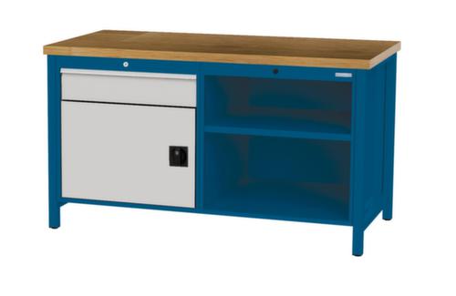 Bedrunka + Hirth Werkbank met blad van massief beuken en frame in vele kleuren, 1 lade, 1 kast, 2 legborden