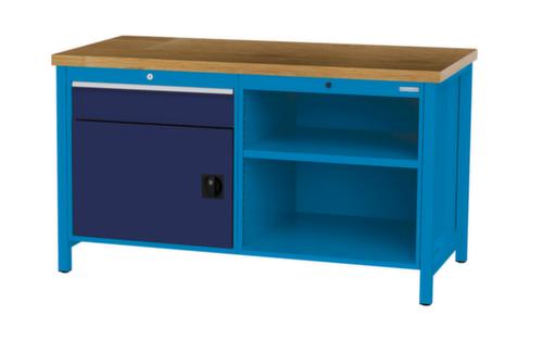 Bedrunka + Hirth Werkbank met blad van massief beuken en frame in vele kleuren, 1 lade, 1 kast, 2 legborden