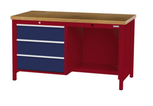 Bedrunka + Hirth Werkbank met blad van massief beuken en frame in vele kleuren, 3 laden, 1/2 legbord