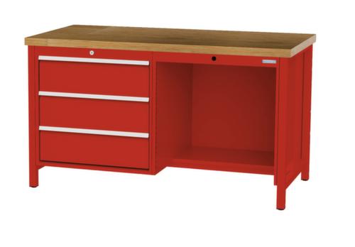 Bedrunka + Hirth Werkbank met blad van massief beuken en frame in vele kleuren, 3 laden, 1/2 legbord