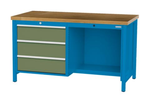 Bedrunka + Hirth Werkbank met blad van massief beuken en frame in vele kleuren, 3 laden, 1/2 legbord