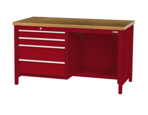 Bedrunka + Hirth Werkbank met blad van massief beuken en frame in vele kleuren, 4 laden, 1/2 legbord