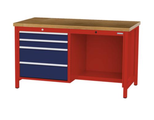 Bedrunka + Hirth Werkbank met blad van massief beuken en frame in vele kleuren, 4 laden, 1/2 legbord