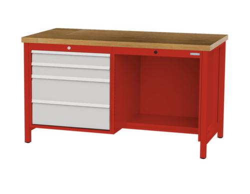 Bedrunka + Hirth Werkbank met blad van massief beuken en frame in vele kleuren, 4 laden, 1/2 legbord