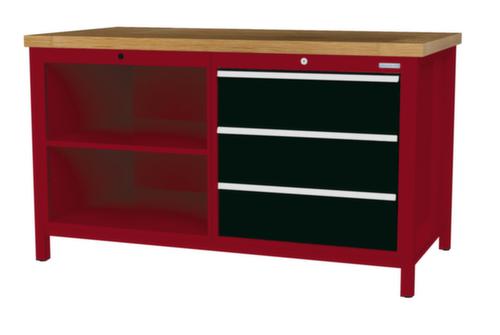 Bedrunka + Hirth Werkbank met blad van massief beuken en frame in vele kleuren, 3 laden, 2 legborden