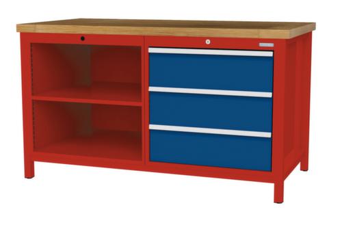 Bedrunka + Hirth Werkbank met blad van massief beuken en frame in vele kleuren, 3 laden, 2 legborden