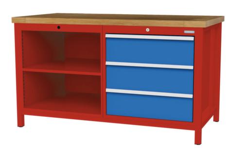 Bedrunka + Hirth Werkbank met blad van massief beuken en frame in vele kleuren, 3 laden, 2 legborden