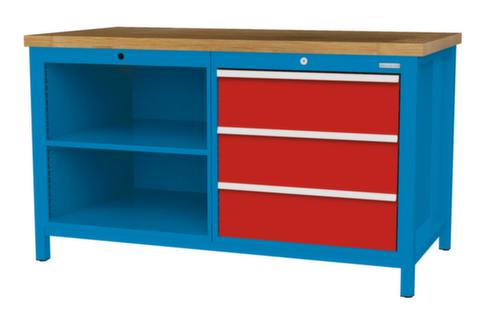 Bedrunka + Hirth Werkbank met blad van massief beuken en frame in vele kleuren, 3 laden, 2 legborden