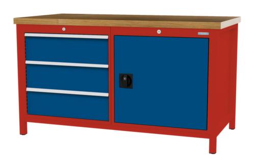 Bedrunka + Hirth Werkbank met blad van massief beuken en frame in vele kleuren, 3 laden, 1 kast