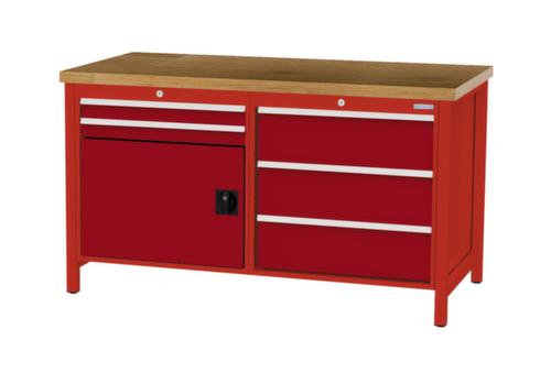 Bedrunka + Hirth Werkbank met blad van massief beuken en frame in vele kleuren, 5 laden, 1 kast