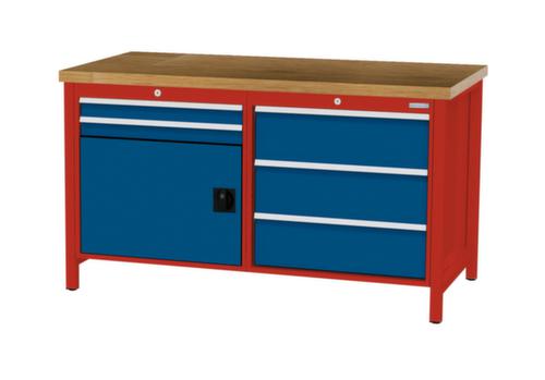 Bedrunka + Hirth Werkbank met blad van massief beuken en frame in vele kleuren, 5 laden, 1 kast
