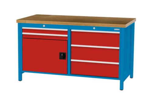 Bedrunka + Hirth Werkbank met blad van massief beuken en frame in vele kleuren, 5 laden, 1 kast