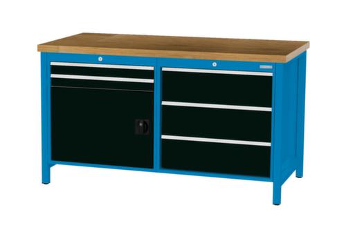 Bedrunka + Hirth Werkbank met blad van massief beuken en frame in vele kleuren, 5 laden, 1 kast