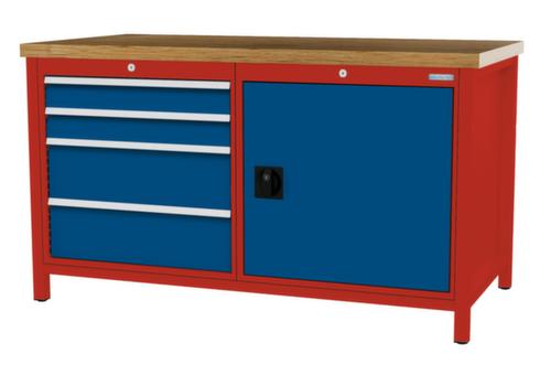 Bedrunka + Hirth Werkbank met blad van massief beuken en frame in vele kleuren, 4 laden, 1 kast